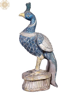 24" Wooden Peacock Figurine | Decorative Bird Statue