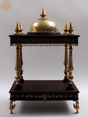 44" Large Wood and Brass Designer Temple with Dangling Ghungroos