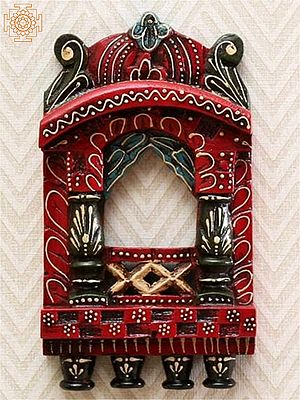 10" Red Hand Painted Small Wooden Jharokha l Wall Hanging