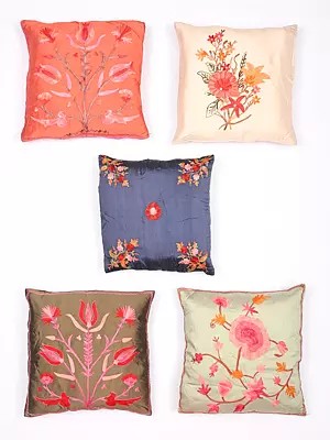 Lot of Five Cushion Covers from Kashmir with Ari Embroidery