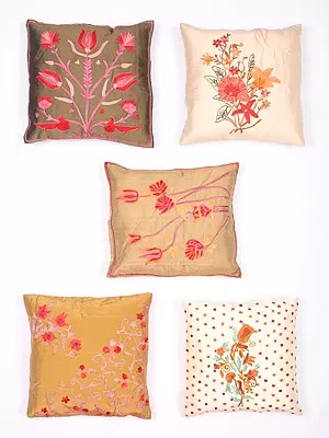 Lot of Five Cushion Covers with Ari Embroidered Flowers from Kashmir