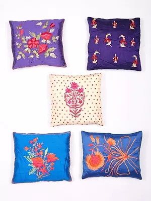 Lot of Five Cushion Covers with All-Over Ari Embroidery from Kashmir
