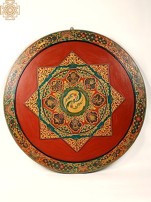48" Vintage Wooden Tibetan Buddhist Mandala Art (Yin-Yang) | Wall Decor