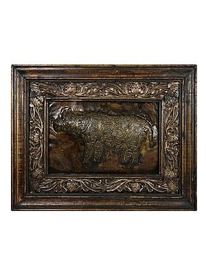 39" Brass Rhinoceros | Wooden Frame Wall Hanging