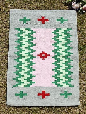 Grey-Green Zig-Zag Border Pattern Cotton Pooja Mat