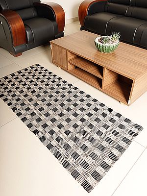 Cotton Grey Chequered Pattern Floor Runner