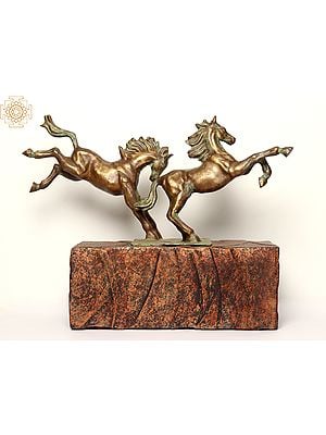 23" Bronze Playful Horses on Stone Base | Home Decor