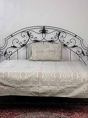 Light-Olive Cotton Single Bed Size Mediterranean Motif Handblock Printed Bedsheet With Pillow Cover