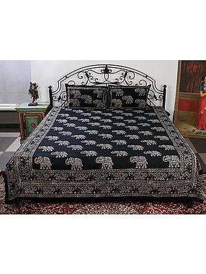 Caviar-Black Queen Size Pure Cotton Jaipuri Bedsheet With Handblock-Pilkhuwa Printed Elephant And Two Pillow Cover