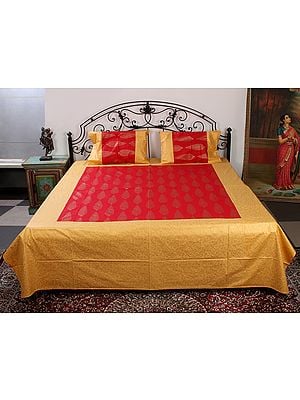 Golden & Red Cotton Color Queen Size Patola Bedsheet With Gold Vine-Paisley Pattern Printed And Two Pillow Cover
