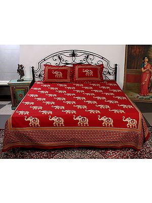 True-Red Color Cotton Handblock Printed Double Bedsheet With All-Over Elephant-Floral Motif And Two Pillow Cover