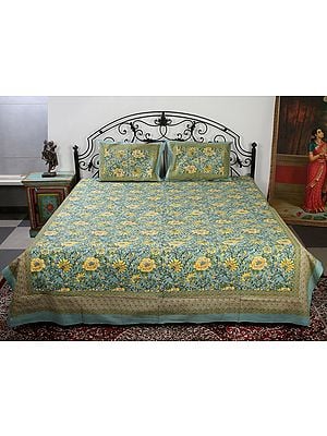 Green Base Cotton Queen Size Bedsheet with Multicolor Flower Vine Pattern Printed and Two Pillow Cover