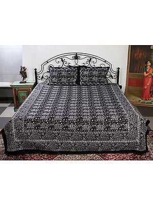 Midnight-Black Color Queen Cotton Size Bedsheet With All-Over Elephant Handblock-Pilkhuwa Print With Two Pillow Cover