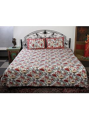 Multicolor Pure Cotton Queen Size Bedsheet With Floral Vines Printed And Two Pillow Cover