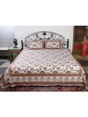 Cream Color Handblock Printed Cotton Double Bedsheet With Multicolor-Gold Phool Bail Pattern And Two Pillow Cover