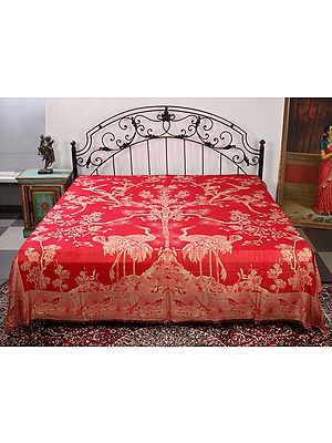 Reversible Jamawar Queen Size Bedsheet With Woven Tree of Life And Crane