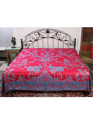 Reversible Jamawar Queen Size Bedsheet With Woven Tree of Life And Crane