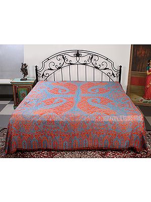 Multicolor Reversible Jamawar Queen Size Bedsheet With Woven Bold Paisley-Floral Pattern