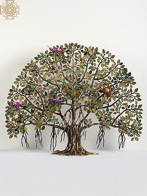 35" Brass Colorful Tree with Birds (Handpainted)