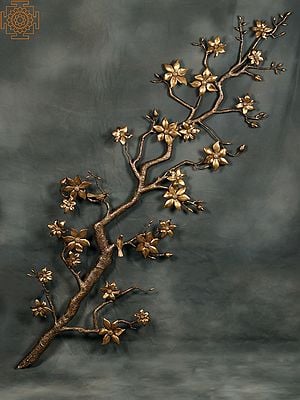 92" Super Large Brass Tree Branch with Flowers, Buds and Birds | Wall Decor