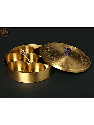 7" Brass Round Masala/Spice Box with Amethyst Gemstone Handle
