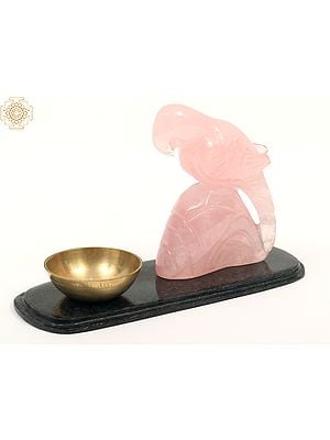 6" Rose Quartz Gemstone Parrot on Marble Base with Brass Bowl