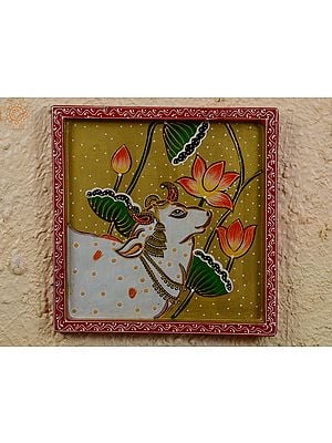 12" White Cow Surrounded By Flowers Pichwai Art | Handpainted Wooden Folk Art | Home Decor | Wall Plate