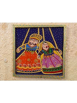 12" Traditional Rajasthani Man And Woman As Puppets | Handpainted Wooden Folk Art | Home Decor | Wall Plate