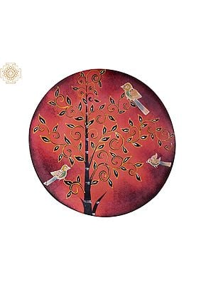 12" 3 Colourful Birds Around Tree | Handpainted Wooden Folk Art | Home Decor | Wall Plate