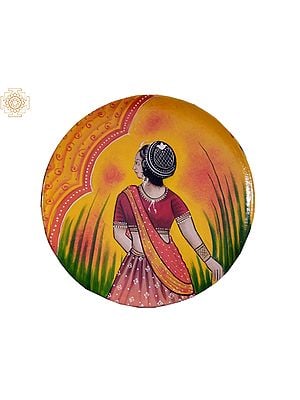 12" Indian Women in Lehenga Choli | Handpainted Wooden Folk Art | Home Decor | Wall Plate