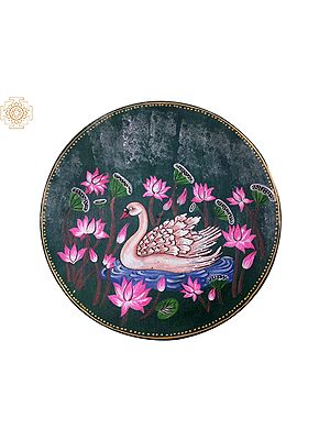 12" White Swan Surrounded By Flowers  | Handpainted Wooden Folk Art | Home Decor | Wall Plate
