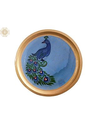 12" Beautiful Peacock In Blue Background  | Handpainted Wooden Folk Art | Home Decor | Wall Plate
