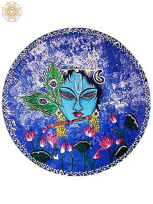 12" Lord Krishna (Shrinathji) Playing Flute  | Handpainted Wooden Folk Art | Home Decor | Wall Plate