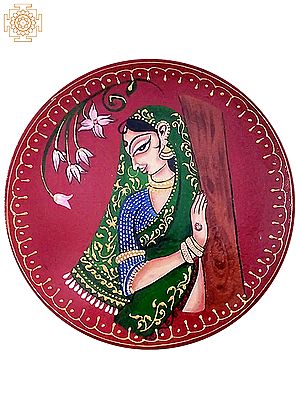 12" Rajasthani Woman Standing Behind Tree  | Handpainted Wooden Folk Art | Home Decor | Wall Plate