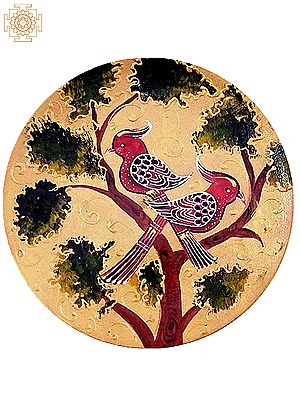 12" Two Red Birds Sitting on Tree | Handpainted Wooden Folk Art | Wall Plate for Decor