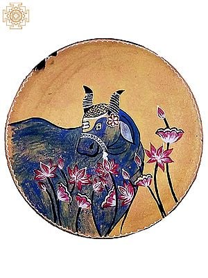 12" Colourful Cow Around Flowers Pichwai Art  | Handpainted Wooden Folk Art | Home Decor | Wall Plate