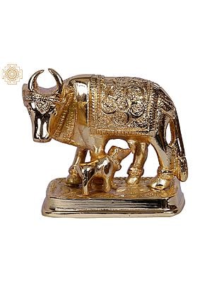 3" Mother Cow With Calf | Decorated Gold Plated Brass Statue