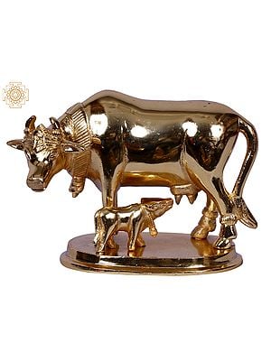 5" Mother Cow With Calf | Gold Plated Brass Statue