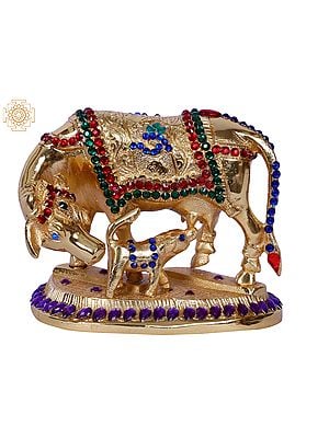 4" Mother Cow With Calf | Stone Decorated Gold Plated Brass Statue