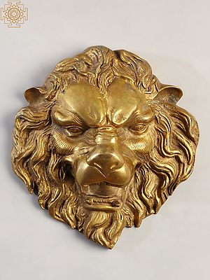 9" Angry Lion Wall Hanging Face Mask | Brass
