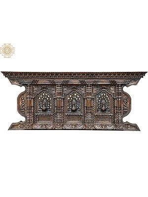28'' Three Peacock and Nepalease God Window | Wooden | Nepalese Handicrafts