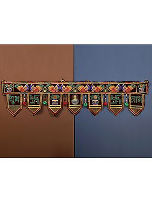 Red-Mahogany Auspicious Toran for the Doorstep with Multicolor Embroidered Motif And Beaded Tassels