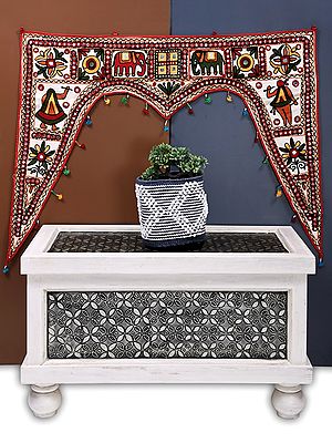 Antique-White Decorative Toran for the Doorstep with Multicolor Dandiya-Floral-Elephant Embroidered Motif And Beaded Tassels