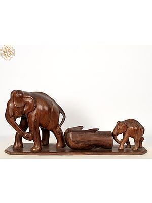 29" Elephants Carrying Wooden Log | Designer Showpiece