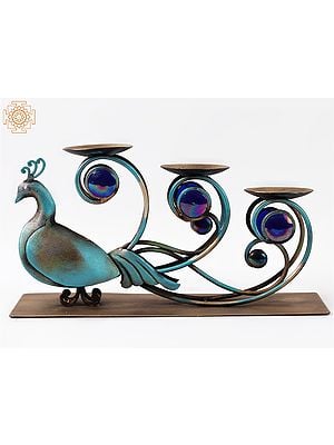 16'' Exquisite Blue Peacock With Wicks On Tail | Iron With Glass | Home Decor