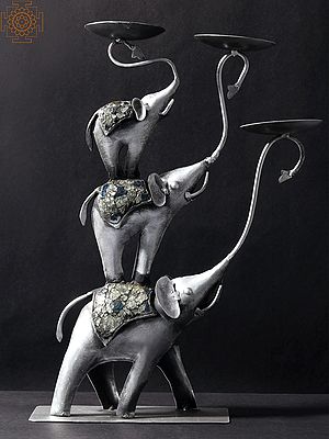 16'' Elephants Holding Wick On Trunk Candle Holder | Iron | Home Décor