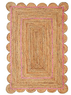 Scalloped Natural Border Scallop Boho Decor Handmade Rectangle Jute Rugs