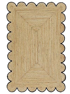 Black Scalloped Natural Jute Area Rug, Colored Trim - Available in 7 sizes