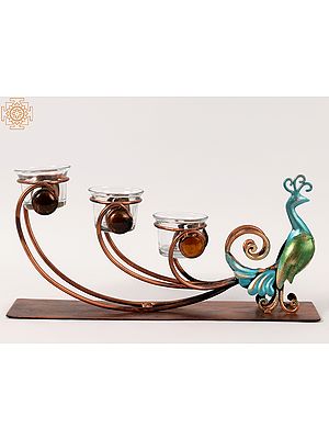 14'' Colourful Peacock Three-Wicks Candle Stand | Iron and Glass | Home Decor