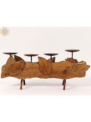 20'' Wooden Candle Stand With Carved Leaves | Wood and Iron | Home Decor